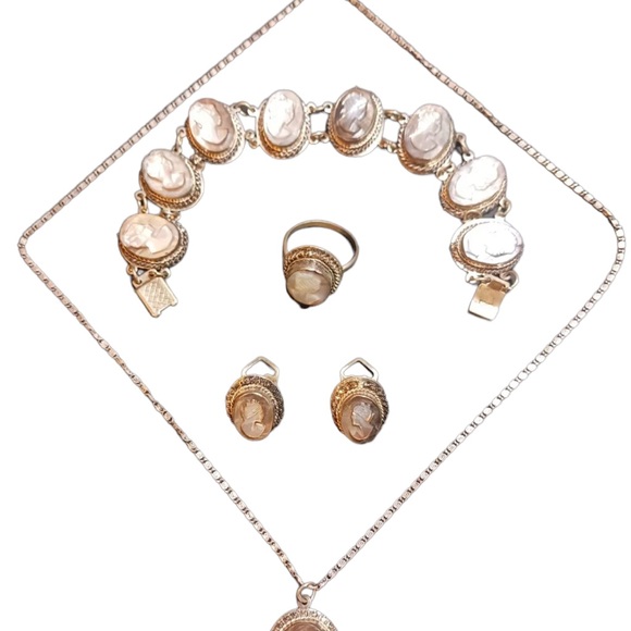Victorian Antique Abalone Cameo SET 800 silver Bracelet ring necklace earrings - Picture 3 of 12